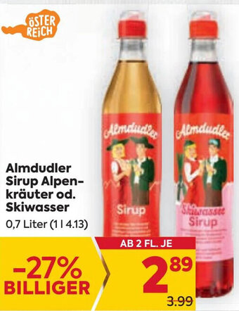 Billa Almdudler Sirup Alpen-kräuter od. Skiwasser 0,7 Liter Angebot