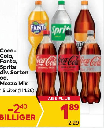Billa Coca- Cola, Fanta, Sprite div. Sorten od. Mezzo Mix 1,5 Liter Angebot