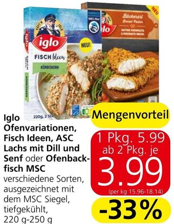 Eurospar Iglo Ofenvariationen, Fisch Ideen, ASC Lachs mit Dill und Senf oder Ofenback-fisch MSC 220 g-250 g Angebot