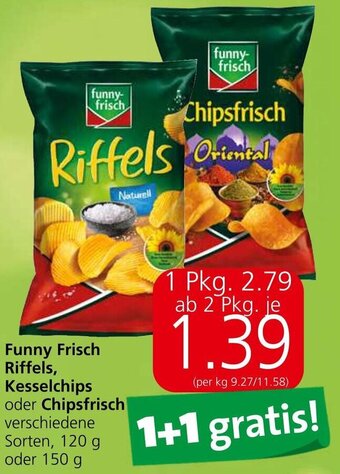 Eurospar Funny Frisch Riffels, Kesselchips oder Chipsfrisch verschiedene Sorten, 120 g oder 150 g Angebot
