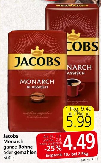 Eurospar Jacobs Monarch ganze Bohne oder gemahlen 500 g Angebot