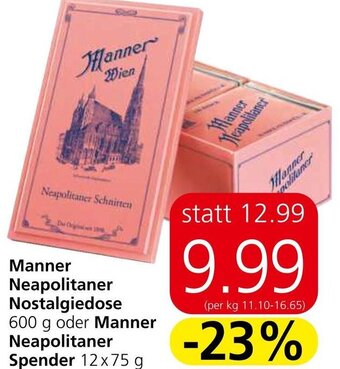 Eurospar Manner Neapolitaner Nostalgiedose 600 g oder Manner Neapolitaner Spender 12x75 g Angebot