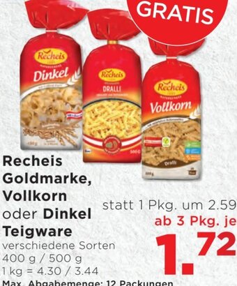 Unimarkt Recheis Goldmarke, Vollkorn oder Dinkel Teigware 400 g/ 500 g Angebot