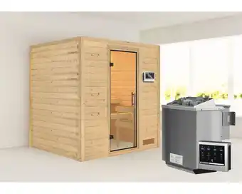 Hornbach Blockbohlensauna karibu anja inkl. 9 kw bio ofen u.ext.steuerung ohne dachkranz mit ganzglastüre aus klarglas Angebot