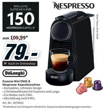 Media Markt DeLonghi Essenza Mini EN85.B Nespresso-Kapselmaschine Angebot
