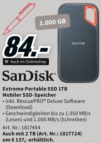 Media Markt SanDisk Extreme Portable SSD 1TB Mobiler SSD-Speicher Angebot