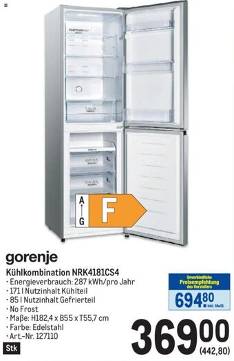 Metro gorenje Kühlkombination NRK4181CS4 Angebot