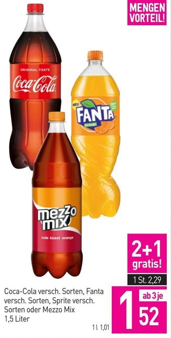 Sutterlüty Coca-Cola versch. Sorten, Fanta versch. Sorten, Sprite versch. Sorten oder Mezzo Mix 1,5 Liter Angebot