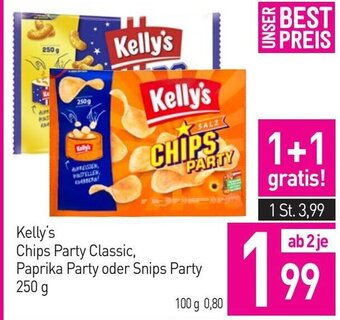 Sutterlüty Kelly's Chips Party Classic, Paprika Party oder Snips Party 250 g Angebot