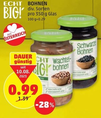 PENNY BOHNEN div. Sorten pro 350 g Glas Angebot