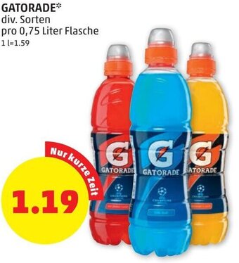 PENNY GATORADE div. Sorten pro 0,75 Liter div. Sorten pro 0,75 Liter Flasche 1 -1.59 Angebot