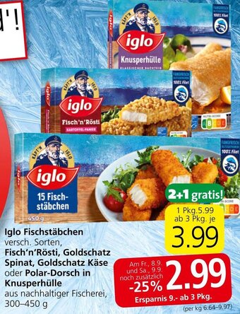 Spar Iglo Fischstäbchen versch. Sorten, Fisch'n'Rösti, Goldschatz Spinat, Goldschatz Käse oder Polar-Dorsch in Knusperhülle Angebot