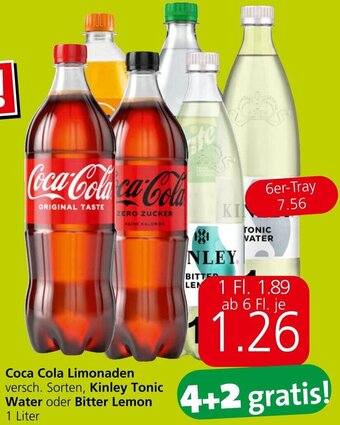 Spar Coca Cola Limonaden versch. Sorten, Kinley Tonic Water oder Bitter Lemon 1 Liter Angebot