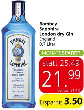Spar Bombay Sapphire London dry Gin England 0,7 Liter Angebot