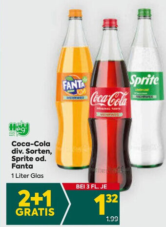 Billa Coca-Cola div. Sorten, Sprite od. Fanta 1 Liter Glas Angebot