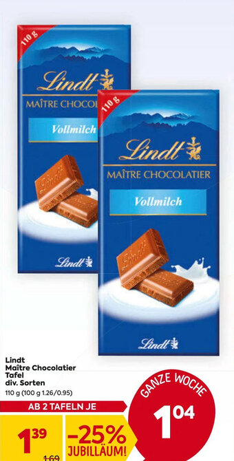 Billa Lindt Maître Chocolatier Tafel div. Sorten 110 g Angebot
