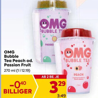 Billa OMG Bubble Tea Peach od. Passion Fruit 270 ml Angebot
