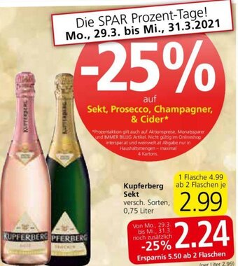 Spar Kupferberg Sekt 0,75 Liter Angebot