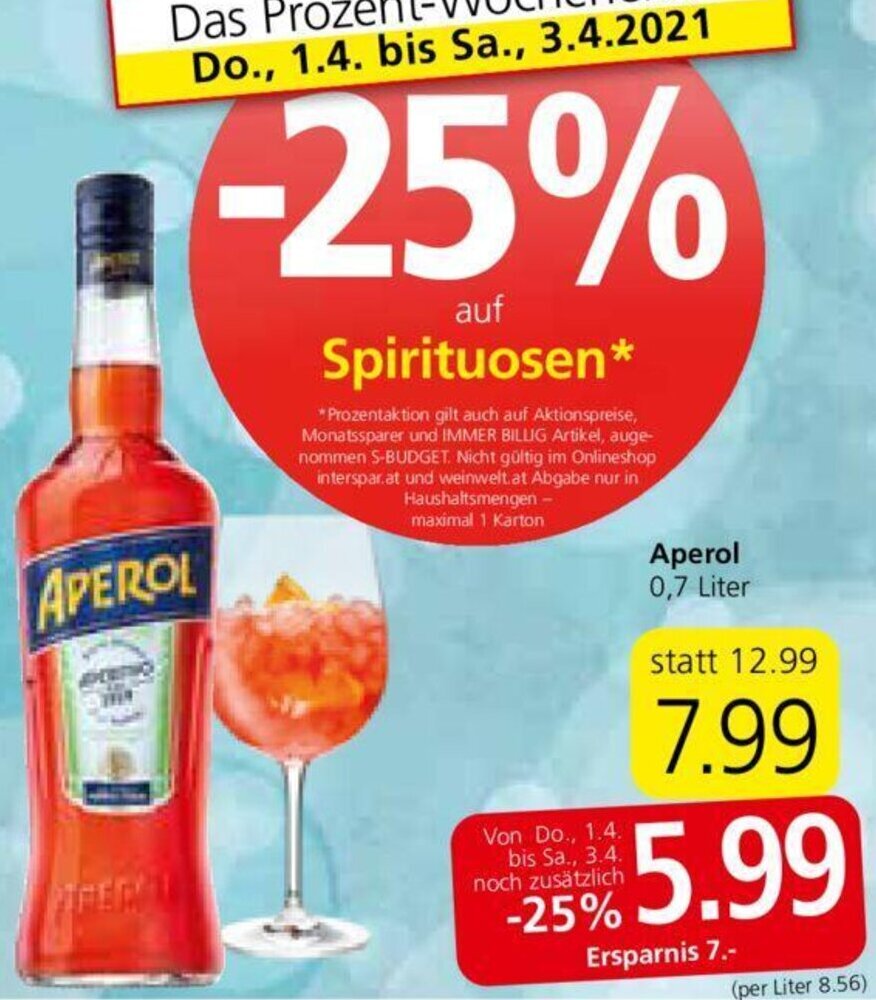 Aperol 0,7 Liter Angebot bei Spar