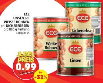 PENNY ECE LINSEN od. WEISSE BOHNEN od. KICHERERBSEN pro 800 g Packung Angebot