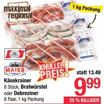 Maximarkt Käsekrainer 8 Stück, Bratwürstel oder Debreziner 8 Paar, 1 kg Packung Angebot