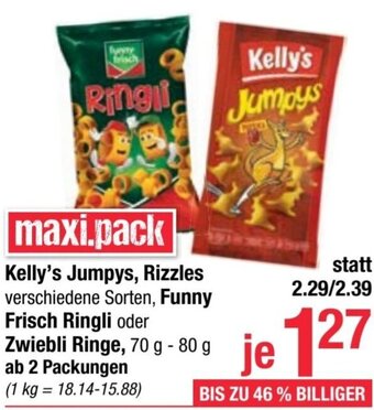 Maximarkt Kelly's Jumpys, Rizzles verschiedene Sorten, Funny Frisch Ringli oder Zwiebli Ringe, 70 g- 80 g Angebot