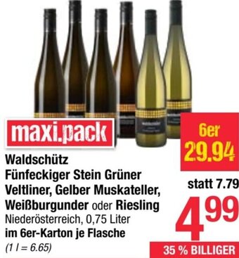 Maximarkt Waldschütz Fünfeckiger Stein Grüner Veltliner, Gelber Muskateller, Weißburgunder oder Riesling Niederösterreich, 0,75 Liter Angebot
