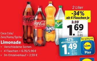 Lidl Coca Cola/ Zero/Fanta/Sprite Limonade 2 Liter Angebot