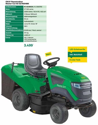 BayWa OKAY Rasentraktor Master-Cut 92-23/160HMK Angebot