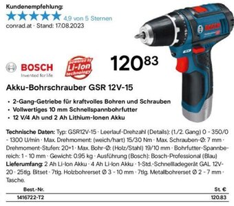 Conrad BOSCH Akku-Bohrschrauber GSR 12V-15 Angebot