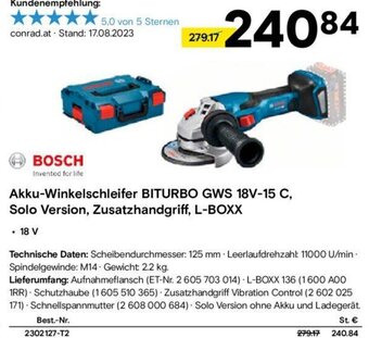 Conrad BOSCH Akku-Winkelschleifer BITURBO GWS 18V-15 C, Solo Version, Zusatzhandgriff, L-BOXX Angebot