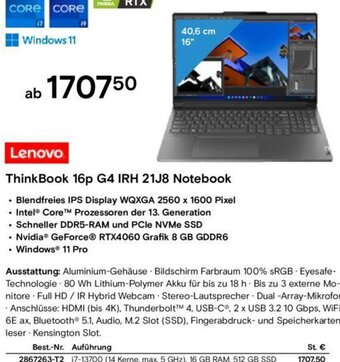 Conrad Lenovo ThinkBook 16p G4 IRH 21J8 Notebook Angebot