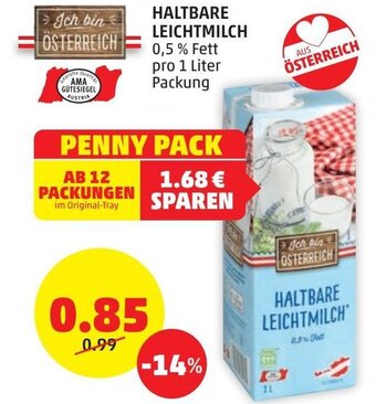 PENNY HALTBARE LEICHTMILCH pro 1 Liter Packung Angebot