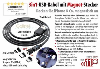 Pearl 3in1-USB-Kabel mit Magnet-Stecker Angebot