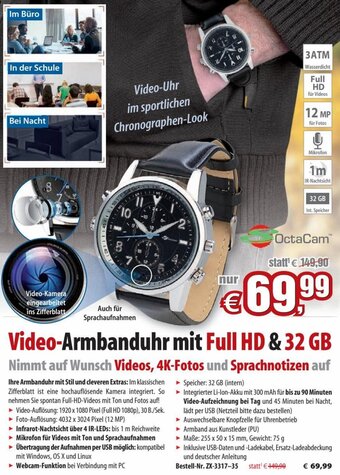 Pearl Video-Armbanduhr mit Full HD & 32 GB Angebot