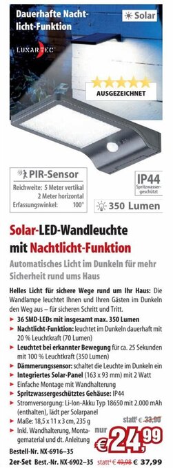 Pearl Solar-LED-Wandleuchte mit Nachtlicht-Funktion Angebot