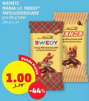 PENNY NIEMETZ MANJA od. SWEDY* TAFELSCHOKOLADE pro 88 g Tafel Angebot