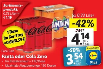Lidl Coca-Cola Fanta oder Cola Zero 6x 0,33 Liter Angebot