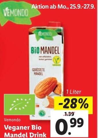 Lidl VEMONDO Veganer Bio Mandel Drink 1 Liter Angebot