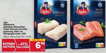 Billa Iglo Wildlachs, Kabeljau Naturfilet, Polar-Dorsch Vorteils-packung, MSC od. Königsgarnelen, ASC 208 g- 600 g Angebot