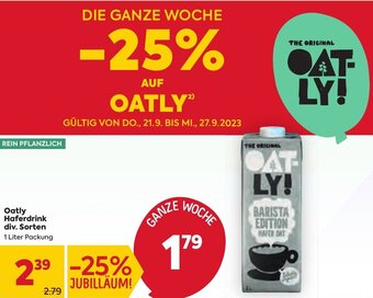 Billa Oatly Haferdrink div. Sorten 1 Liter Packung Angebot