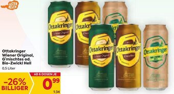 Billa Ottakringer Wiener Original, G'mischtes od. Bio-Zwickl Hell 0,5 Liter Angebot