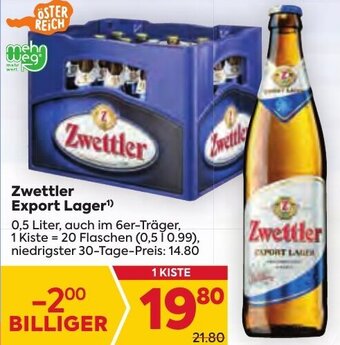 Billa Zwettler Export Lager¹) 0,5 Liter, auch im 6er-Träger Angebot