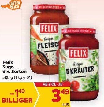 Billa Felix Sugo div. Sorten 580 g Angebot