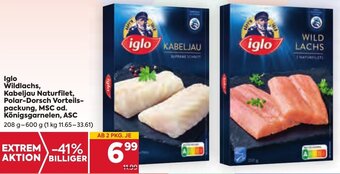 Billa Iglo Wildlachs, Kabeljau Naturfilet, Polar-Dorsch Vorteils-packung, MSC od. Königsgarnelen, ASC 208 g-600 g Angebot