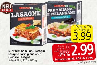 Eurospar DESPAR Cannelloni, Lasagne, Lasagne Parmigiana oder Gemüse Lasagne, tiefgekühlt, 425 - 700 g Angebot