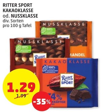 PENNY RITTER SPORT KAKAOKLASSE od. NUSSKLASSE div. Sorten pro 100 g Tafel Angebot