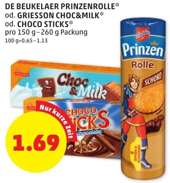 PENNY DE BEUKELAER PRINZENROLLE od. GRIESSON CHOC&MILK od. CHOCO STICKS pro 150 g-260 g Packung Angebot