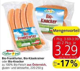 Spar Bio-Frankfurter, Bio-Käsekrainer oder Bio-Knacker 220-250 g Angebot