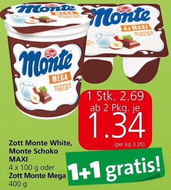 Spar Zott Monte White, Monte Schoko MAXI 4 x 100 g oder Zott Monte Mega 400 g Angebot